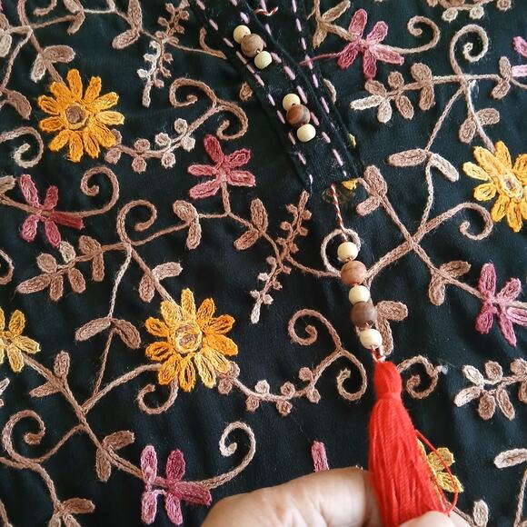 Handmade Women’s M Embroidered Floral Beaded Tassel Boho Cotton Midi Kurti Dress - Picture 5 of 12